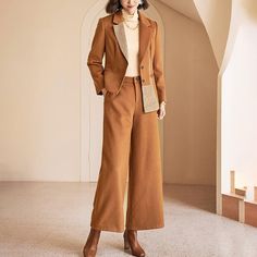 High Low Single Breasted Blazer & Wide Leg Pants Set Vivian Seven Trouser Suit Women, Styling Blazer, Blazer And Wide Leg Pants, Elegant Pants Suits, Trouser Suit, Stand Up Collar, Wool Trousers, Pantalon Large, Trouser Suits