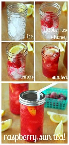 four pictures showing how to make raspberry lemon iced teas in mason jars