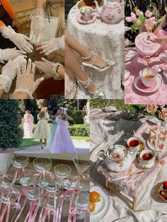 a collage of photos with pink and white teacups, ladies in formal dress