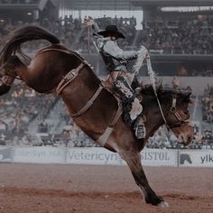 a man riding on the back of a brown horse in an arena at a rodeo