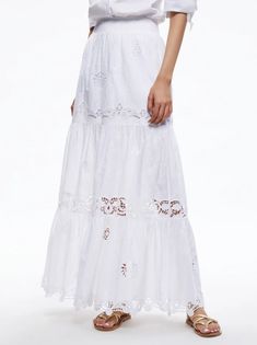 Reise Panelled Maxi Skirt In White | Alice And Olivia Alice And Olivia, Day Of The Week, Eyelet Lace, Female Artists, Lace Detail, Leather Skirt, Maxi Skirt, Leather Jacket, Skirt