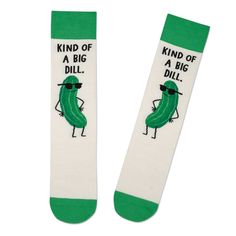 Find yourself in a good kind of pickle when you don this fun footwear that lets everyone know you're kind of a big dealwho also has a good sense of humor. These "dill-lightful" crew socks from Shoebox feature a groovy gherkin character in a pair of sunglasses, a punny message and green cuffs and toes. Funny socks fit most adult-sized feet. | Novelty crew socks feature a pickle in sunglasses design and a funny message. | On socks: Kind of a big dill. | Cotton, polyester, nylon, spandex. | Machine Wacky Socks, Funny Socks For Men, Big Dill, Sunglasses Design, Unique Socks, Stylish Socks, Funny Slogans, Funny Socks, Funny Messages