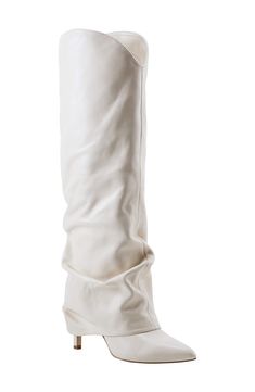 A slouchy shaft puts an exclamation point on the effortlessly chic design of a knee-high boot fashioned with a stiletto heel and pointy toe. 3 1/4" heel 15 1/2" shaft; 14 1/4" calf circumference Pull-on style Leather upper/textile and synthetic lining/synthetic sole Imported Elegant Wide Calf Knee-high Boots For Spring, Elegant Knee-high Boots For Spring, Elegant Mid-calf Boots With Sculpted Heel For Spring, Elegant Spring Mid-calf Boots With Sculpted Heel, Elegant White Pointed Toe Mid-calf Boots, Elegant White Mid-calf Boots With Pointed Toe, Elegant White Knee-high Boots With Pointed Toe, Chic Spring Formal Knee-high Boots, Elegant Fitted White Mid-calf Boots