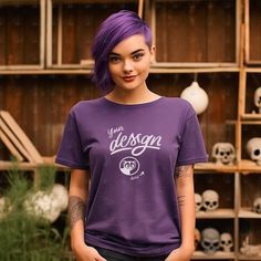 INSTANT DOWNLOAD - no physical item will be delivered Introducing our eye-catching mockup featuring a stylish young woman with vibrant purple hair, showcasing a trendy purple T-shirt. This mockup is perfect for those who want to make a bold and fashion-forward statement. The combination of the woman's unique hair color and the matching purple T-shirt creates a harmonious and striking look.  Once your payment is cleared, you will receive an email with the download link. You can also access your purchase via your Etsy profile. Download the files, and start working on your images.  The high-resolution JPG file of t-shirt mockup will be blank and without any watermarks. Use any image editing software and add your design on top of the base image. Now you can upload it to your online store. Each Edgy Crew Neck Shirt With Graphic Design, Purple Graphic Crew Neck Top, Punk Style Cotton Shirt With Graphic Design, Purple Grunge T-shirt With Screen Print, Purple Cotton Grunge T-shirt, Purple Cotton Shirt With Custom Print, Purple T-shirt With Custom Print For Streetwear, Punk Style Custom Print Short Sleeve T-shirt, Purple Custom Print T-shirt For Streetwear