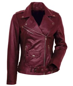 WOMEN BIKERS MAROON LEATHER JACKET Women's motorbike leather jacket made with high-quality real leather. This maroon leather jacket with belt features convertible collar with coin and zipper pockets. Shop this belted jacket at 35% discount now! Women Bikers, Leather Jacket With Belt, Maroon Leather Jacket, Leather Jacket Women, Ladies Short Jackets, Convertible Collar, Maroon Leather, Belted Jacket, Biker Leather