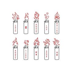 six fire extinguishers are shown with the words love written on them