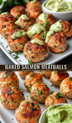 baked salmon meatballs with guacamole sauce and avocado on the side