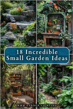 a collage of small garden ideas with a small garden in the background Outdoor Furniture Ideas Backyards, Garden Ideas Budget Backyard, Garden Design Ideas Inspiration, Garden Furniture Ideas, Small Garden Layout, Small City Garden, Garden Seating Area