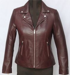 Our deep brown leather jacket is one of the premium colors and top picks for women. The collars add a touch of professionalism whether you wear it to work or simply for a quick outing. The smooth glossy finish we added makes the jacket a fine topper over any piece of clothing. Elegant Brown Leather Biker Jacket, Sleek Brown Leather Jacket For Fall, Sleek Brown Leather Jacket, Burgundy Leather Jacket With Long Sleeves, Burgundy Long-sleeve Leather Jacket, Burgundy Leather Jacket For Work, Fitted Burgundy Leather Jacket For Work, Fall Business Biker Jacket, Classic Fitted Burgundy Leather Jacket