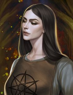 a painting of a woman with long black hair and an inverted star on her shirt