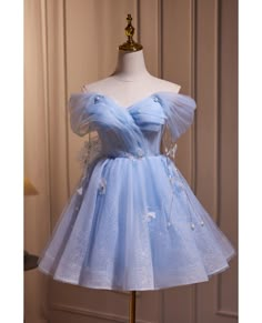 Get 10% off now! Buy sky blue off shoulder lace tulle short prom dress with butterflies at cheap price online. Free stable shipping and pro custom service since 2009. Off The Shoulder Homecoming Dress, Short Princess Dress, Quince Dress, Marine Uniform, Tulle Sleeves, Blue Party Dress, Blue Fairy, Blue Tulle, Lace Homecoming Dresses