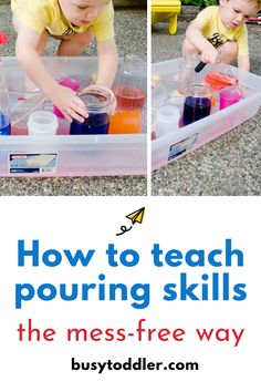 a young child playing with plastic containers filled with liquid