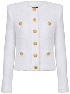 white tweed logo-engraved buttons round neck long sleeves front button fastening four front patch pockets straight hem Miami Logo, Balmain Jacket, Military Style Coats, Tweed Shorts, Unique Sweaters, White Tweed, Military Style Jackets, Crop Top Sweatshirt, Pocket Cardigan