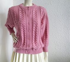 90s pink cardigan, cable knit sweater, crew-neck collar, pink buttoned spring cardigan, big sleeve, romantic feminine sweater, probably is wool and acryl, soft fabric. GOOD VINTAGE CONDITION BUT THE SWEATER IS NOT DRY CLEAN.  Measurements laying flat : shoulders :44cm(17,5 inches) armpit to armpit :63 cm (25 inches) total lenght :60 cm (23,5 inches) sleeve lenght :55 cm (21,5 inches) 90s Cardigan, Spring Cardigan, Spring Cardigans, Big Sleeves, Ivory Sweater, Bodice Dress, Folk Dresses, Wool Vest, Pink Cardigan