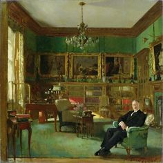 a painting of a man sitting in a green room