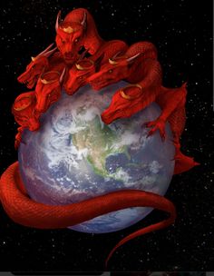 three red dragon sitting on top of the earth