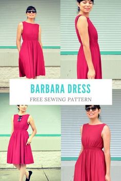 a woman in a red dress with sunglasses on her head and the words, barbara dress free sewing pattern