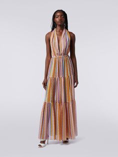 Chic V-neck Dress With Elastic Neckline, Multicolor Ruffled Beachwear Dress, Multicolor Ruffled Dresses For Beachwear, Beach Silk Maxi Dress With Ruffles, Silk Maxi Dress With Ruffles For Beach, Silk Maxi Dress With Ruffles For Vacation, Multicolor Dress With Elastic Neckline For Vacation, Silk Ruffle Dresses For Vacation, Multicolor Summer Maxi Dress With Elastic Neckline