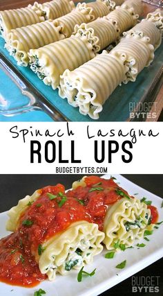 spinach lasagna roll ups with marinara sauce and parmesan cheese