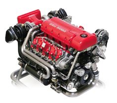 a red engine is shown on a white background