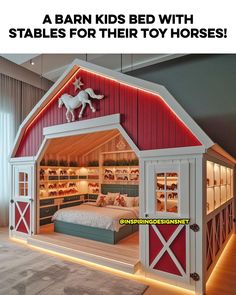 a barn bed with stables for their toy horses is shown in this advertiser's advertisement