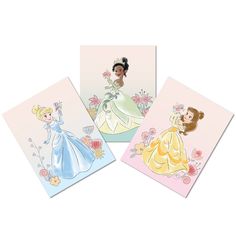 three disney princess cards with the same image on one card and the other in different colors