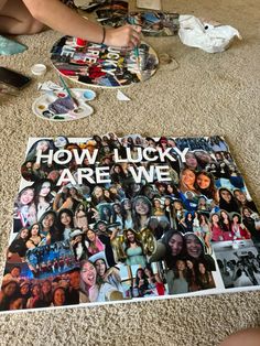 a woman is laying on the floor next to a magazine with images of women and words that read how lucky are we