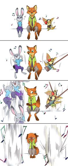 several different pictures of cartoon animals with music notes in their ears and on their backs