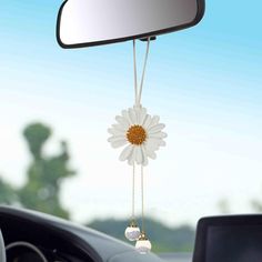 a car mirror with a flower hanging from it's side