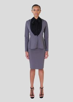 The Julietta Skirt's soft stretch viscose knit can make anyone feel confident. This high waisted pencil is comfortable, versatile, and stylish, with its full-length back zipper giving additional edge. White and purple skirts shown with the Nicolette Tiered Ruffle Top. Anthracite gray skirt shown with Justyne Top, Marvella Jacket, and Gallia Top. Small back slit Italian yarn: 81% viscose, 16% polyester, 2% polyamide, 1% elastane blend Knee length Dry clean only Wrinkle resistant Made in France Purple Skirts, King Of Prussia Mall, White Pencil Skirt, Knit Pencil Skirt, Pencil Skirt White, Purple Skirt, High Waisted Pencil Skirt, White Pencil, Knit Blazer