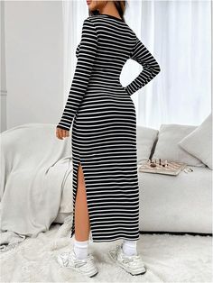 Indulge in effortless elegance with our Black Striped Long Sleeve Knit Maxi Dress! Made from high-quality, soft knit fabric, this dress features chic black stripes and long sleeves for a versatile look. Perfect for any occasion, from a casual day out to a formal event. Elevate your style today! 95% Cotton, 5% Elastane Care instructions Hand/Machine Wash Brand Size Dress Bust Waist Hip XS 0-2 31-32.5'' 23-24'' 31-34" S 4--6 33-35'' 25-26'' 35-37" M 8--10 35-36'' 27-28'' 38-39" L 12--14 38-40'' 29-31'' 40-42" XL 14-16 40-42'' 33.5-36'' 44-46" 2XL 18-20 42-44'' 37-40'' 47-50" 3XL 22-24 44-46'' 41-46'' 51-55" 4XL 26-28 46-48'' 47-50'' 56-60" Casual Long Striped Dresses, Black Ribbed Long Sleeve Midi Dress, Chic Long Striped Dress, Black Long Sleeve Ribbed Midi Dress, Chic Striped Ribbed Midi Dress, Chic Ribbed Striped Midi Dress, Fall Striped Ribbed Dresses, Chic Striped Long Sleeve Midi Dress, Striped Long Sleeve Midi Dress For Spring