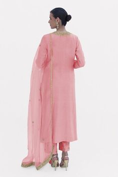 Pressed rose spun silk kurta with gold marori beads and sequins hand embroidery. Comes with pant and a silk organza dupatta. - Aza Fashions Elegant Unstitched Suit With Gota Work For Celebration, Elegant Pink Unstitched Suit For Celebration, Pink Kurta, Silk Kurta, Organza Dupatta, Kurta With Pants, Silk Organza, Set For Women, Aza Fashion