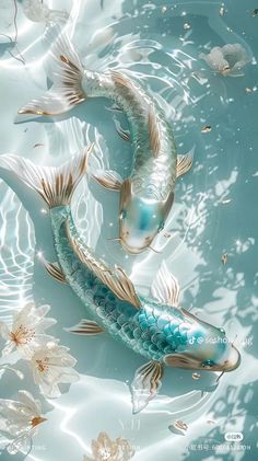 two koi fish swimming in the water with white flowers floating around them and one is blue