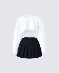 When you're the baddie that they can all take notes from 💅 This two-piece set, featuring an ivory distressed sweater paired with a black pleated mini skirt, is the chic and preppy moment you’ve been looking for 😚 Distressed Sweater, Diy Clothes Videos, Distressed Sweaters, Miniskirt Outfits, Casual Day Outfits