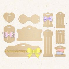 paper cutouts with bows and other items on top of each one in the shape of a bed