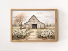 a painting of a barn with white flowers in the foreground and a dirt path leading to it