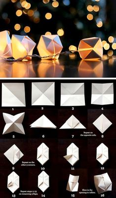 how to make origami ornaments with lights in the background and instructions on how to fold them