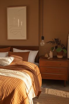 a bed with an orange bedspread in a bedroom next to two nightstands