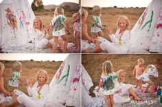 four pictures of two women and one child having fun in the field with paint on their clothes