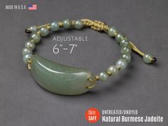 Immerse yourself in the understated elegance of our captivating arch-shaped jade bracelet, handcrafted from untreated Burmese jadeite. This delicate piece features a light olive green hue, its translucency revealing the stone's natural imperfections, adding to its unique character and authenticity. A hand-braided cord, crafted from untreated Burmese jadeite beads (Each Burmese jadeite bead measures approximately 5mm in diameter), complements the jadeite's natural color, adding a touch of texture and further enhancing the bracelet's overall harmony. The adjustable length of 6 to 7 inches ensures a comfortable and secure fit, allowing you to effortlessly transition between a snug, stylish fit and a longer, more flowing drape. As a one-of-a-kind piece, you will receive the exact bracelet pict Luxury Adjustable Jade Beaded Bracelets, Luxury Hand-strung Jade Beaded Bracelets, Luxury Traditional Jade Bracelets, Jade Bead Bracelet, Beaded Bracelet Stack, Bracelet Layering, Light Olive Green, Stack Bracelet, Usa Jewelry