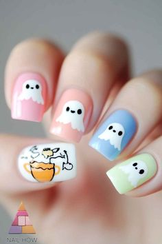 These pastel ghost nails are the ultimate blend of cute and spooky! With soft colors and happy little ghosts, they're perfect for a fun and playful Halloween look. Ideal for anyone who loves simple Halloween nails with a twist. Check out more creative ideas at nailhow.com and be sure to save this sweet design for your next mani! Kids Nails Halloween, Colorful Ghost Nails, Kids Halloween Nails Little, Halloween Nails For Kids Easy, Halloween Kid Nails, Halloween Kids Nails, Kids Halloween Nail Designs, Halloween Nails Kids, Kendall Nails