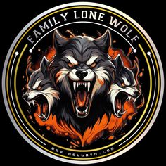 the logo for family lone wolf, which is featured in an image with flames around it