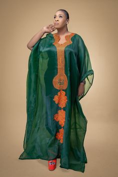 Made with 100% Organdy Fabric- A lightweight, sheer fabric made out of cotton. Summer Silk Kaftan With Intricate Embroidery, Traditional Chanderi Kaftan For Summer, Green Embroidered Kaftan For Eid, Chanderi Kaftan With Embroidered Border, Summer Chanderi Embroidered Fabric, Embroidered Green Traditional Drape Kaftan, Traditional Green Kaftan With Embroidered Border, Embroidered Chanderi Kaftan With Long Sleeves, Bohemian Embroidered Chanderi Kaftan