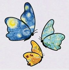 three butterflies painted in blue, yellow and green with the same painting on them's wings