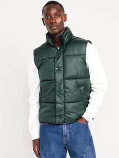 standing collar snap front covered zipper welt pockets relaxed fit hits at hip model is approx.  6'1" and wears size mmachine wash according to the care instruction label  . Best Holiday gift for Men , perfect Vests for Christmas! Men’s Black Puffer Vest Outfit, Mens Brown Puffer Vest, Green Puffer Vest Men, Mens Puffer Vest Country, Mens Puffer Vest, Holiday Gifts For Men, Coats For Men, Old Navy Men, Pajamas Gift