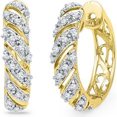 GND 10K Yellow Gold Small Hoop Earrings with Prong-Set Round Diamonds in Diagonal Stripe Design - 1/6 Total Carat Weight Gold Small Hoop Earrings, Diagonal Stripes Pattern, Diagonal Stripes, Diamond Hoop Earrings, Fine Jewelry Collection, Amazon Fashion, Stripes Design, Prong Setting, Types Of Metal