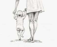 a pencil drawing of a woman holding the hand of a child's hand while walking