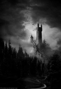 a black and white photo of a castle in the sky with dark clouds above it