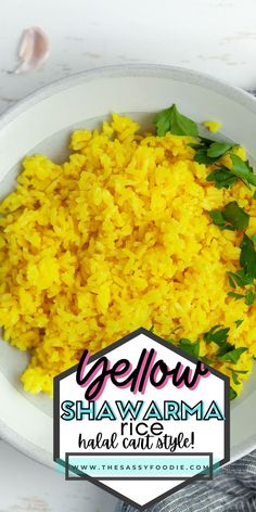 yellow rice in a white bowl with green leaves on top and the words below it