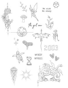 an ink drawing of various tattoos and designs on white paper with the words, i'm